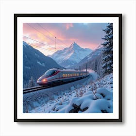 Luxury Bullet Train Traveling Along Snow Capped Mountains At Dusk 1 Art Print