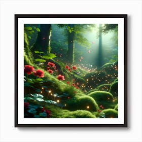 Mossy Forest With Fireflies Art Print
