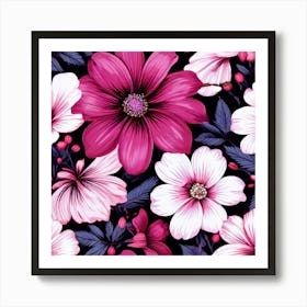 Floral Fantasia A Vibrant Pattern Bursting With Baby Pink White And Dark Pink flowers Pink Flowers On Black Background Art Print