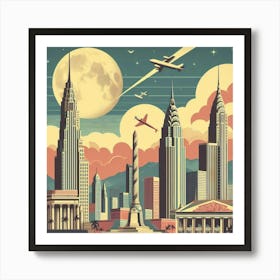 Vintage Travel Poster Depicting A Mid Century City Skyline With Iconic Landmarks, Style Retro Travel Poster Art Print