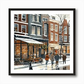 Amsterdam cafes, winter season, Christmas, pale colors, pedestrians in the street, winter clothes, falling snow.5 Art Print