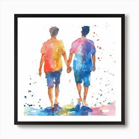 Two Men Holding Hands - Gay Love Rainbow Watercolor Art Print