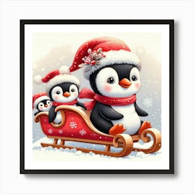 3 Cute Penguins In A Sleigh Affiche