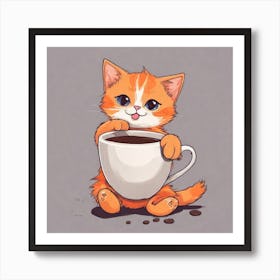 Cute Orange Kitten Loves Coffee Square Composition 22 Art Print