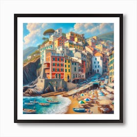 Cinque Terre Beach: A Realistic Painting of a Colorful and Cozy Scene Art Print