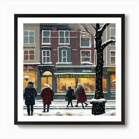 Amsterdam cafes, winter season, Christmas, pale colors, pedestrians in the street, winter clothes, falling snow.6 Art Print