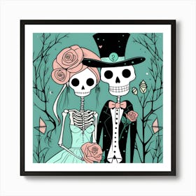 Day Of The Dead Wedding seafoam green and salmon colors whimsical minimalistic line art Art Print