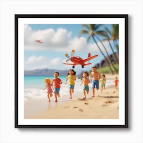 Hawaii Happy Family And Beach With Happy Children Running Toy Airplane And Freedom 3 Art Print