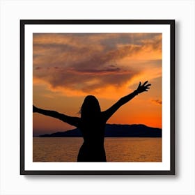 Sunset Woman With Arms Outstretched Art Print