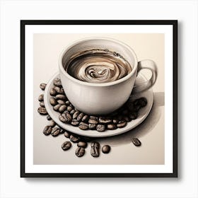 Coffee Cup With Coffee Beans, Coffee Wall Art Detailed In Subtle Pencil Shading Integrate Coffe. Art Print