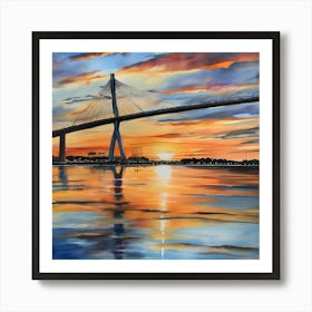 Sunset over the Arthur Ravenel Jr. Bridge in Charleston. Blue water and sunset reflections on the water. Oil colors.14 Art Print