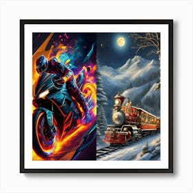 Motorcycle And A Train Art Print