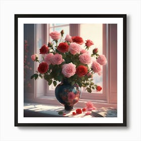 Pink And Red Roses In A Vase Art Print