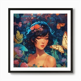 Asian Girl With Butterflies Art Print