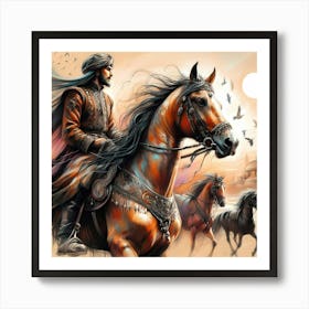 Arabian Man On A Horse Color Drawing Art Print