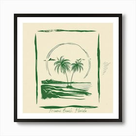 Miami Beach, Florida Green Line Art Illustration Art Print