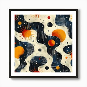 Abstract Cosmic Pattern With Wavy Lines Suns Planets And Stars On A Dark Background Art Print