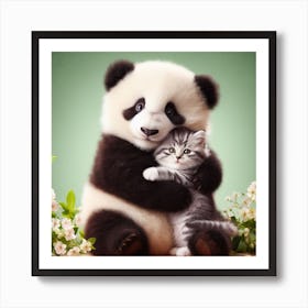 Panda Bear Hugging Kitten Art Print