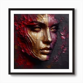 Portrait Of A Woman's Face - An Embossed Textured Abstract Artwork In Blood Red, Golden, And Purple Colors With Charcoal Background. Art Print