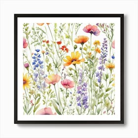 Multicolored Wildflowers Watercolor Field Drawin 01 Art Print