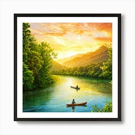 Scenic River Trails Captured In The Golden Hour Canoes Gently Floating On The Waters Surface Refle Art Print