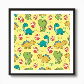 Seamless Pattern With Cute Dinosaurs Character Art Print