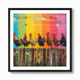 Rainbow Retro Chickens On The Fence 2 Art Print