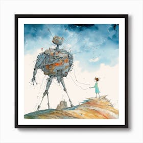 Girl And A Giant Robot Art Print