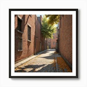 A Quiet Alleyway During The Day With Textured Brick Walls Scattered Leaves And Soft Shadows High Res 3949345501 Art Print