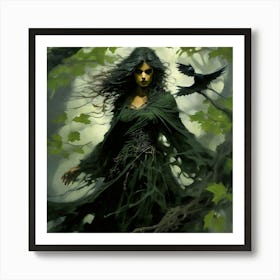 A Gust Of Wind Rustles Through The Mint Green Leaves Revealing The Silhouette Of The Ancient Witch Art Print