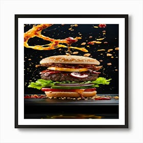 Burger Splashing On Black Background Art Print