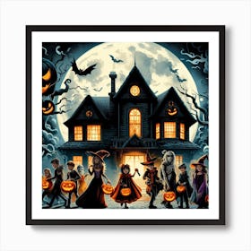 Halloween Children In Front Of House Art Print