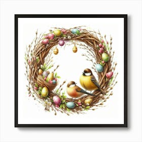 Easter Wreath With Nest, Birds And Dyed Eggs, Watercolor Painting Style Art Print