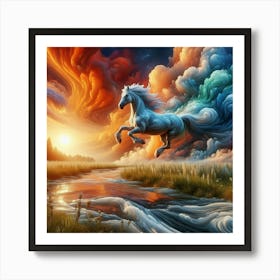 3 Dimensional Horse Jumping A Creek Sunset Clouds Swirling 3 Art Print