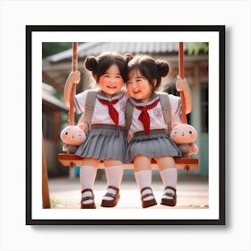 Two Asian Girls On A Swing 1 Art Print