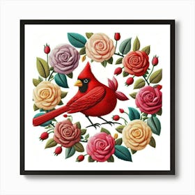 Cardinal Bird between Roses Art Print