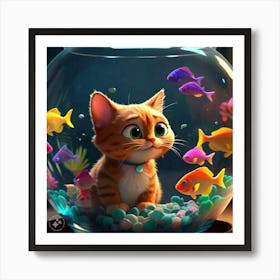 Cat watching Fish in Fish Bowl 1 Art Print