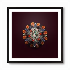 Vintage Long Branched Enothera Floral Wreath on Wine Red n.0844 Art Print