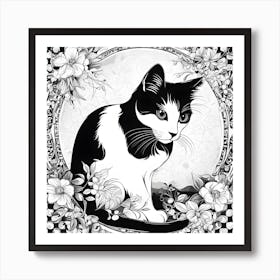 Black And White Cat With Flowers Art Print