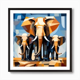 A Cubist Depiction Of A Family Of Elephants Art Print