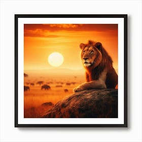 In the heart of the savanna, as the sun begins its fiery descent below the horizon, a majestic lion perches atop a weathered rock, surveying his kingdom with regal poise. The golden hues of twilight bathe the sprawling landscape, casting a warm and ethereal glow upon the scene. The lion's mane, a testament to his strength and virility, flows in the gentle breeze, accentuating his regal bearing. His eyes, like glowing amber orbs, are narrowed with an intensity that reflects his authority and vigilance. In this fleeting moment, the lion embodies the untamed spirit of the wild, a symbol of raw power and indomitable pride. Art Print