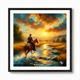 Cowboy Riding Across A Stream 5 Copy Art Print