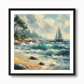 Sailboat On The Beach, Acrylic Painting Style 12 Art Print