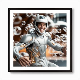 3d Dslr Photography, Model Shot, Man From The Future Smiling Chasing Bubbles Wearing Futuristic Suit Designed By Apple, Digital Helmet, Sport S Car In Background, Beautiful Detailed Eyes, Professional Award W (4) Art Print