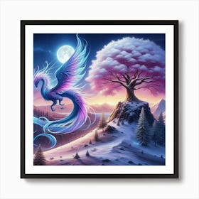 Lady dragon and the pink tree Art Print