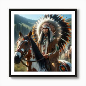 Historical Harmony: Native American Figures in Traditional Dress and Majestic Horses Art Print
