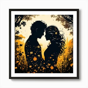 Silhouettes Of Two People Hugging Surrounded By Elements Of Nature Flowers Trees Growing , Silhouette Of Couple In The Forest Art Print