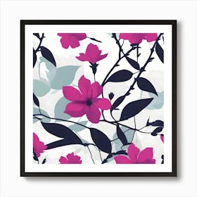 Fuchsia White and Grey Flower Pattern Art Print