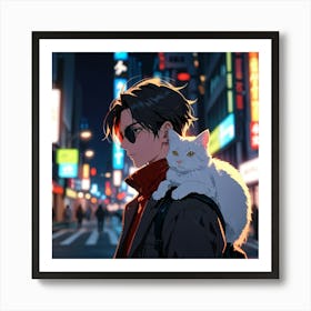 Anime, Cat, City, Night 1 Art Print