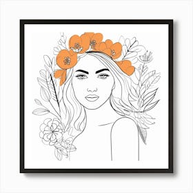 line art Portrait Of A Woman With Flower head crown Póster